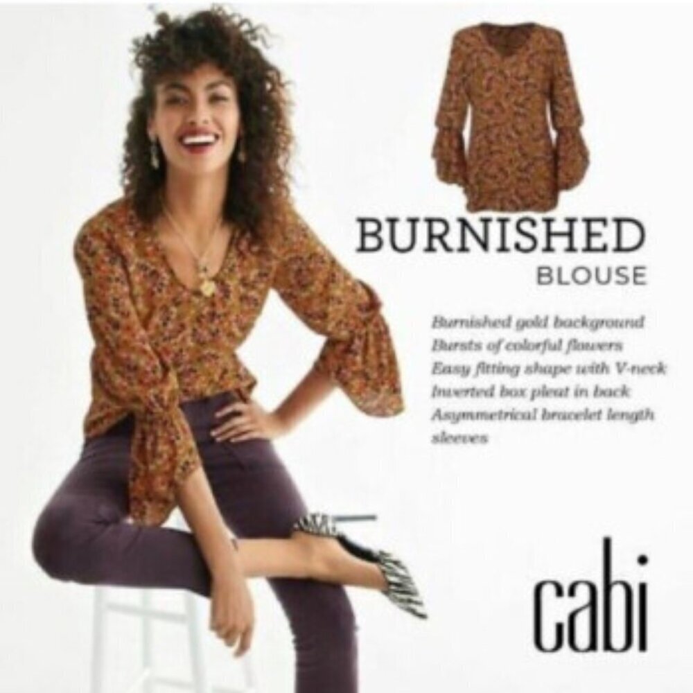 CABI Long Sleeve Gold Printed V Neck Burnished Blouse #4042 Size Small Women's